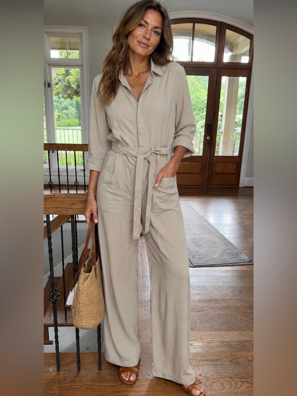 Grade & Gather Beige Tencel Utility Jumpsuit with Tie Waist